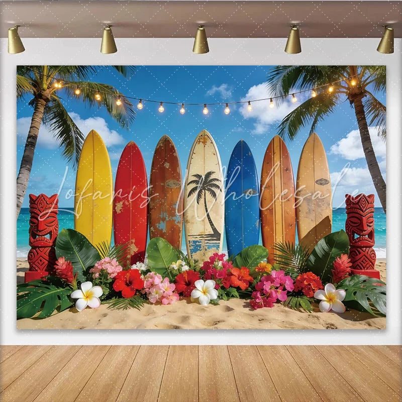 Lofaris Tropical Beach Photography Backdrop with Colorful Surfboards Summer Party Decor and Photo Booth Prop