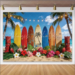 Lofaris Tropical Beach Photography Backdrop with Colorful Surfboards Summer Party Decor and Photo Booth Prop