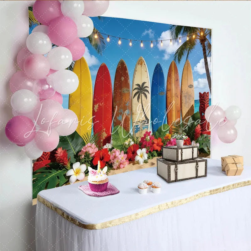 Lofaris Tropical Beach Photography Backdrop with Colorful Surfboards Summer Party Decor and Photo Booth Prop