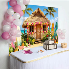 Lofaris Tropical Beach Photography Backdrop with Hawaiian Hut Surfboards and Palm Trees Summer Vacation Party Decor for Photoshoot
