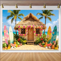 Lofaris Tropical Beach Photography Backdrop with Hawaiian Hut Surfboards and Palm Trees Summer Vacation Party Decor for Photoshoot