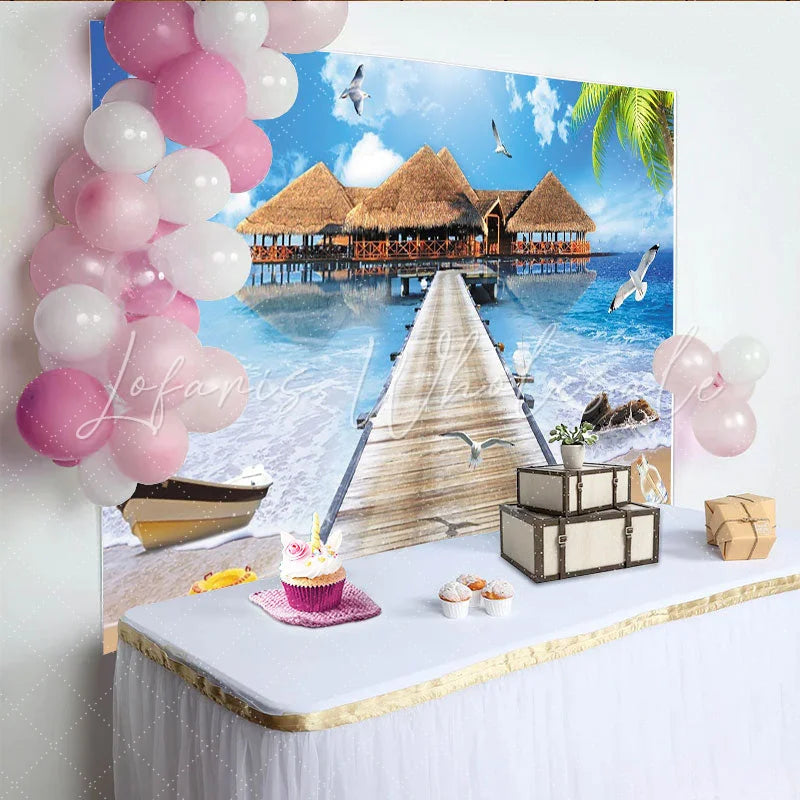 Lofaris Tropical Beach Photography Backdrop with Overwater Bungalows and Wooden Pier Blue Ocean Scenery Background for Studio Photoshoot