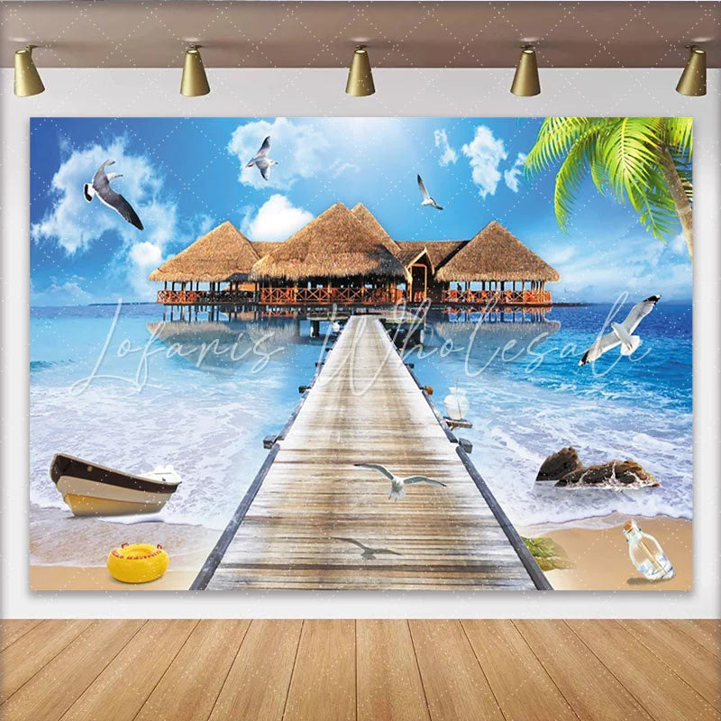 Lofaris Tropical Beach Photography Backdrop with Overwater Bungalows and Wooden Pier Blue Ocean Scenery Background for Studio Photoshoot