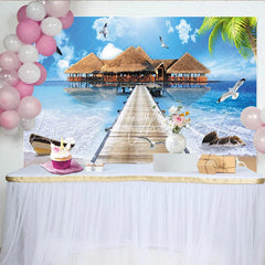 Lofaris Tropical Beach Photography Backdrop with Overwater Bungalows and Wooden Pier Blue Ocean Scenery Background for Studio Photoshoot