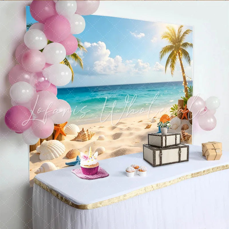 Lofaris Tropical Beach Photography Backdrop with Palm Trees and Ocean Sunny Seashore Background for Summer Party Decor.