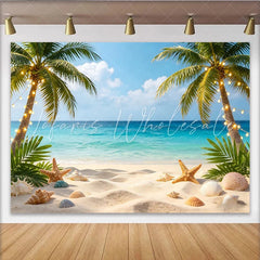 Lofaris Tropical Beach Photography Backdrop with Palm Trees String Lights Vibrant Ocean Background for Summer Vacation