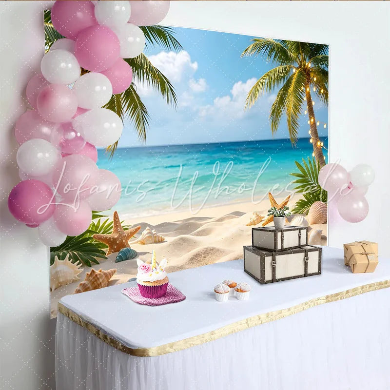 Lofaris Tropical Beach Photography Backdrop with Palm Trees String Lights Vibrant Ocean Background for Summer Vacation
