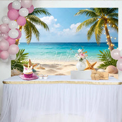 Lofaris Tropical Beach Photography Backdrop with Palm Trees String Lights Vibrant Ocean Background for Summer Vacation