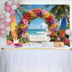 Lofaris Tropical Beach Photography Backdrop with Vibrant Floral Arch Beautiful Ocean Background for Summer Party Decor