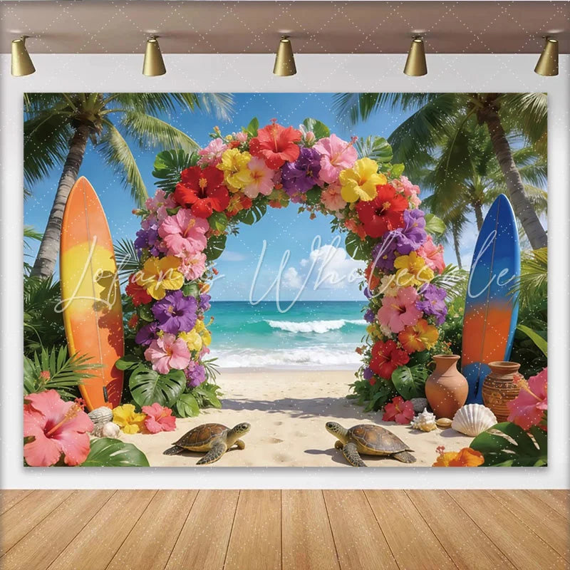Lofaris Tropical Beach Photography Backdrop with Vibrant Floral Arch Beautiful Ocean Background for Summer Party Decor