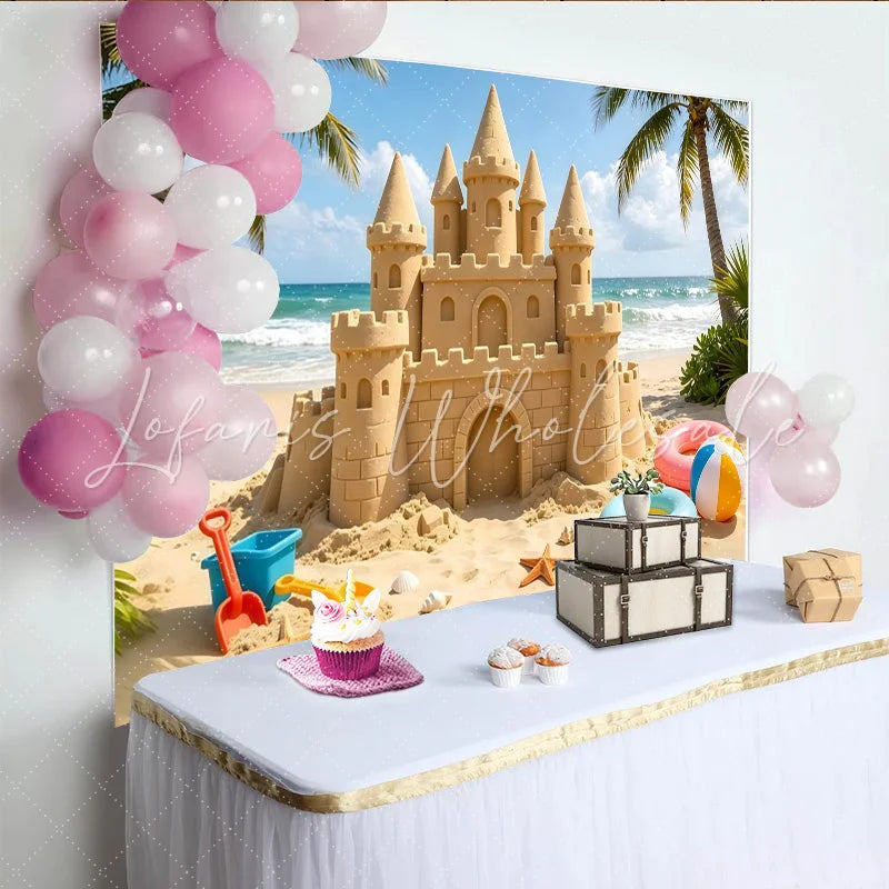 Lofaris Tropical Beach Sandcastle Photography Backdrop with Palm Trees and Ocean Waves Summer Vacation Background for Kids Party Photo Booth