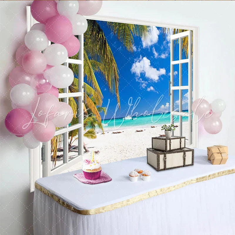 Lofaris Tropical Beach View Open Window Backdrop Vibrant Ocean Palm Tree Photography Background for Studio Photoshoot