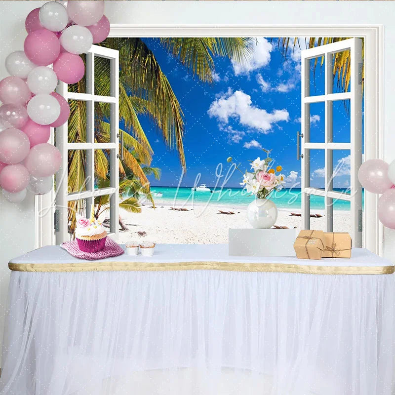 Lofaris Tropical Beach View Open Window Backdrop Vibrant Ocean Palm Tree Photography Background for Studio Photoshoot