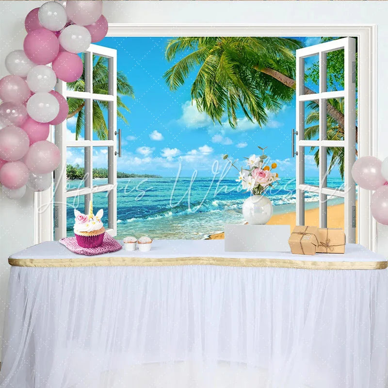 Lofaris Tropical Beach Window Photography Backdrop with Open White Frame Scenic Ocean View for Studio Photoshoot
