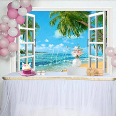 Lofaris Tropical Beach Window Photography Backdrop with Open White Frame Scenic Ocean View for Studio Photoshoot