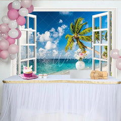 Lofaris Tropical Beach Window Photography Backdrop with Palm Trees and Blue Ocean Scenic Studio Background for Summer Photoshoot