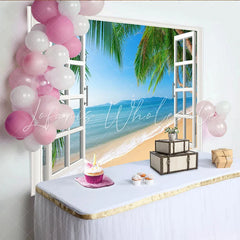 Lofaris Tropical Beach Window Photography Backdrop with Palm Trees Scenic Ocean View Background for Summer Vacation Photoshoot