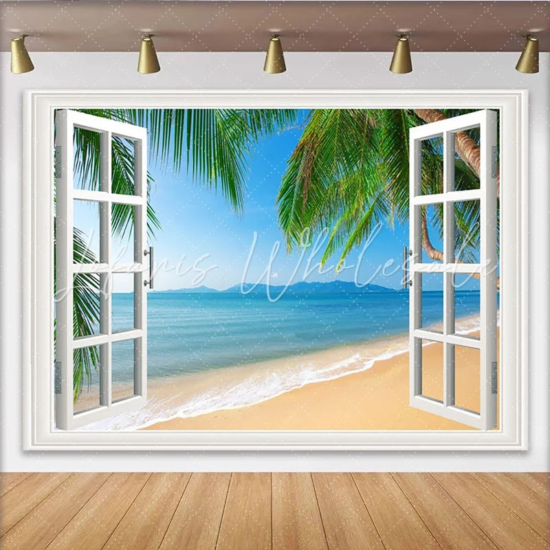 Lofaris Tropical Beach Window Photography Backdrop with Palm Trees Scenic Ocean View Background for Summer Vacation Photoshoot