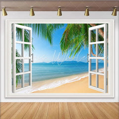 Lofaris Tropical Beach Window Photography Backdrop with Palm Trees Scenic Ocean View Background for Summer Vacation Photoshoot