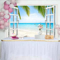 Lofaris Tropical Beach Window View Photography Backdrop Blue Ocean and Palm Trees Background for Studio Photoshoot