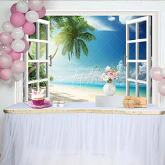 Lofaris Tropical Beach Window View Photography Backdrop with Palm Tree Ocean Scenery Vibrant Summer Vacation Background for Studio