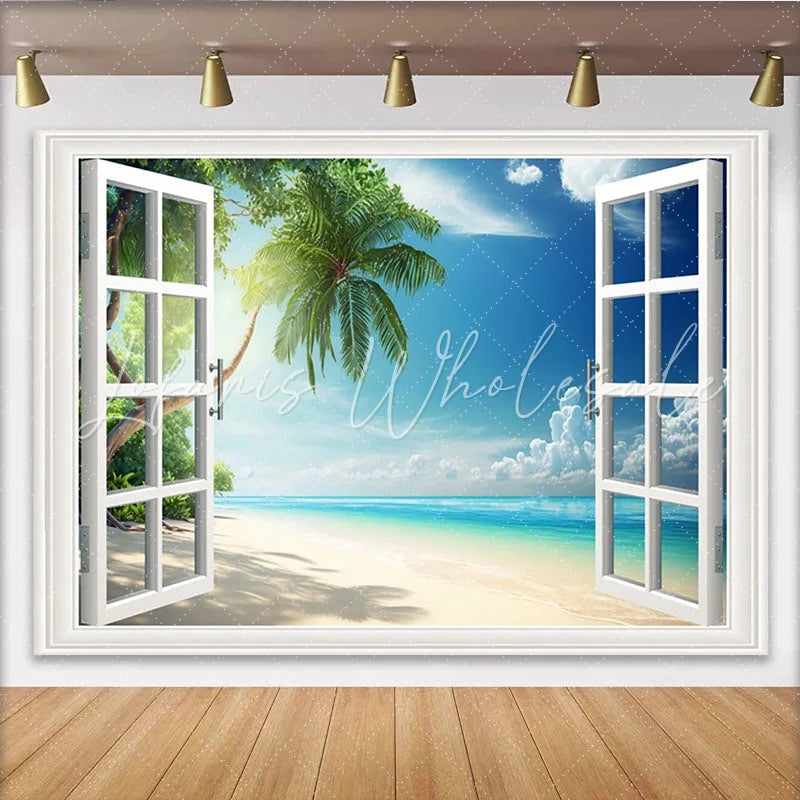 Lofaris Tropical Beach Window View Photography Backdrop with Palm Tree Ocean Scenery Vibrant Summer Vacation Background for Studio