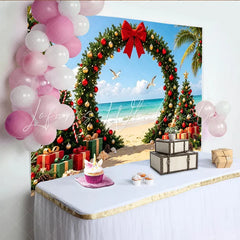 Lofaris Tropical Christmas Arch Backdrop with Palm Trees Ocean and Red Gold Ornaments Festive Beach Holiday Background for Party Photography