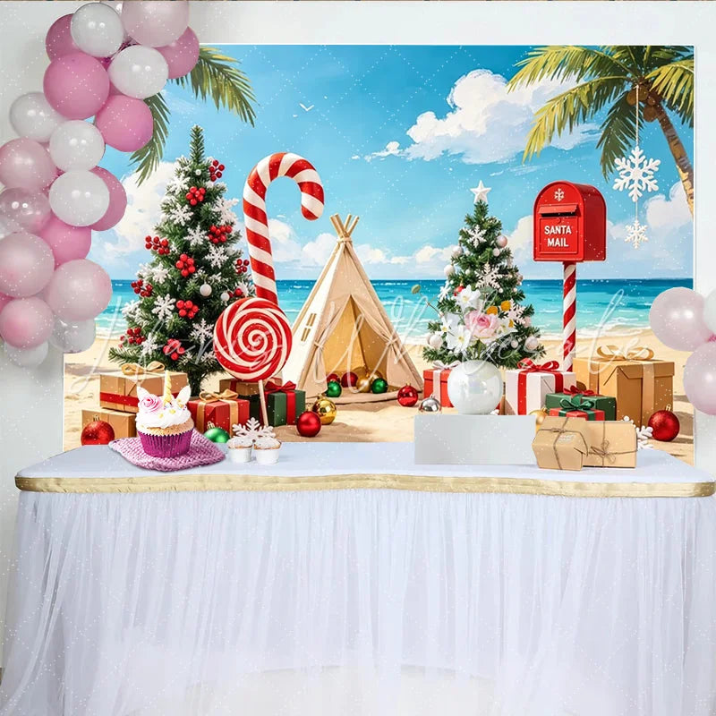 Lofaris Tropical Christmas Backdrop with Palm Trees and Santa Mailbox Beach Holiday Photography Background for Festive Decor