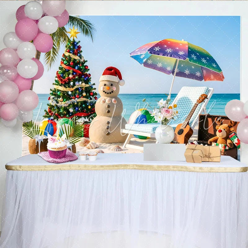 Lofaris Tropical Christmas Backdrop with Sand Snowman and Palm Tree Vibrant Beach Holiday Background for Summer Party Photography