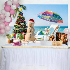 Lofaris Tropical Christmas Backdrop with Sand Snowman and Palm Tree Vibrant Beach Holiday Background for Summer Party Photography