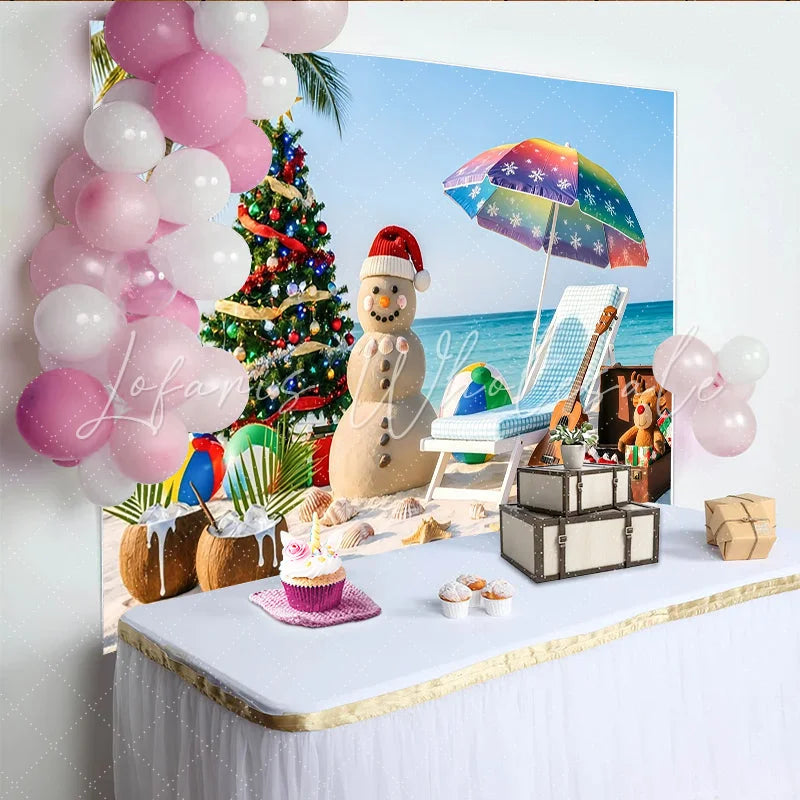 Lofaris Tropical Christmas Backdrop with Sand Snowman and Palm Tree Vibrant Beach Holiday Background for Summer Party Photography