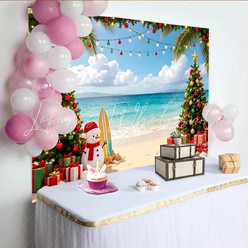 Lofaris Tropical Christmas Backdrop with Snowman and Decorated Palm Trees Vibrant Beach Scene Background for Holiday Party Decoration