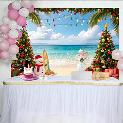 Lofaris Tropical Christmas Backdrop with Snowman and Decorated Palm Trees Vibrant Beach Scene Background for Holiday Party Decoration