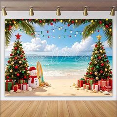 Lofaris Tropical Christmas Backdrop with Snowman and Decorated Palm Trees Vibrant Beach Scene Background for Holiday Party Decoration