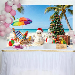 Lofaris Tropical Christmas Backdrop with Snowman Palm Trees and Gifts Vibrant Holiday Background for Festive Beach Party Decor