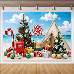 Lofaris Tropical Christmas Beach Backdrop with Candy Cane and Santa Mailbox Vibrant Holiday Photography Background for Summer Party Decor