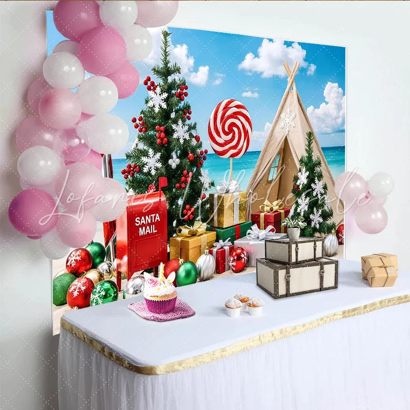 Lofaris Tropical Christmas Beach Backdrop with Candy Cane and Santa Mailbox Vibrant Holiday Photography Background for Summer Party Decor