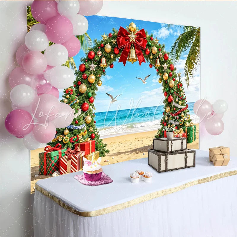 Lofaris Tropical Christmas Beach Backdrop with Decorated Arch and Palm Trees Vibrant Holiday Photo Background for Festive Party Decor