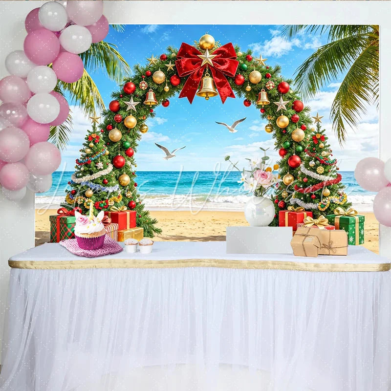 Lofaris Tropical Christmas Beach Backdrop with Decorated Arch and Palm Trees Vibrant Holiday Photo Background for Festive Party Decor