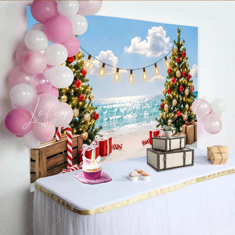 Lofaris Tropical Christmas Beach Backdrop with Decorated Trees and Gifts Sparkling Ocean Background for Holiday Party Photography
