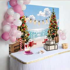 Lofaris Tropical Christmas Beach Backdrop with Decorated Trees and Gifts Sparkling Ocean Background for Holiday Party Photography