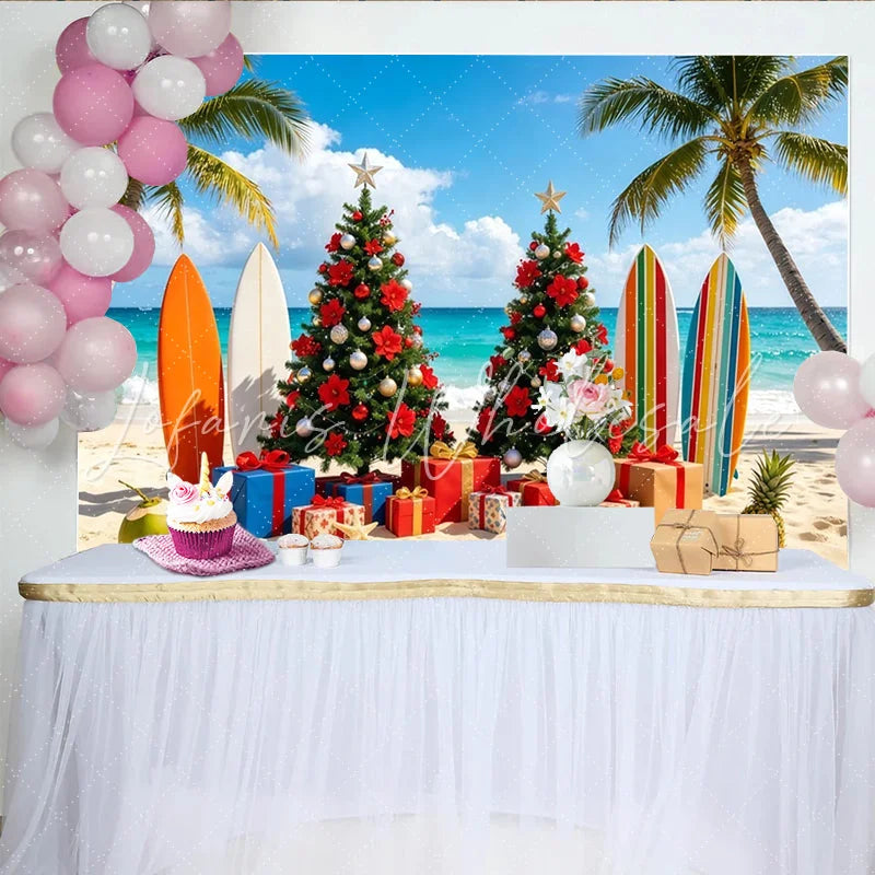 Lofaris Tropical Christmas Beach Backdrop with Decorated Trees and Surfboards Festive Holiday Scene Background for Winter Party Photoshoot