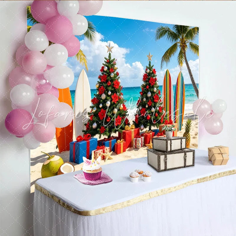 Lofaris Tropical Christmas Beach Backdrop with Decorated Trees and Surfboards Festive Holiday Scene Background for Winter Party Photoshoot