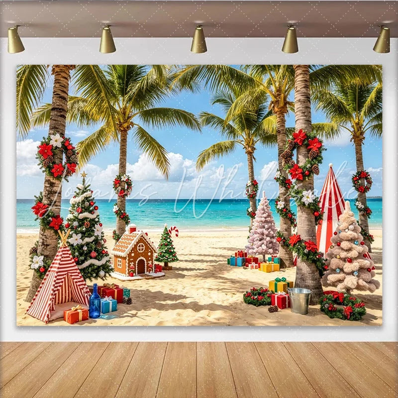 Lofaris Tropical Christmas Beach Backdrop with Palm Trees and Gifts Festive Holiday Background for Winter Vacation Party Decor