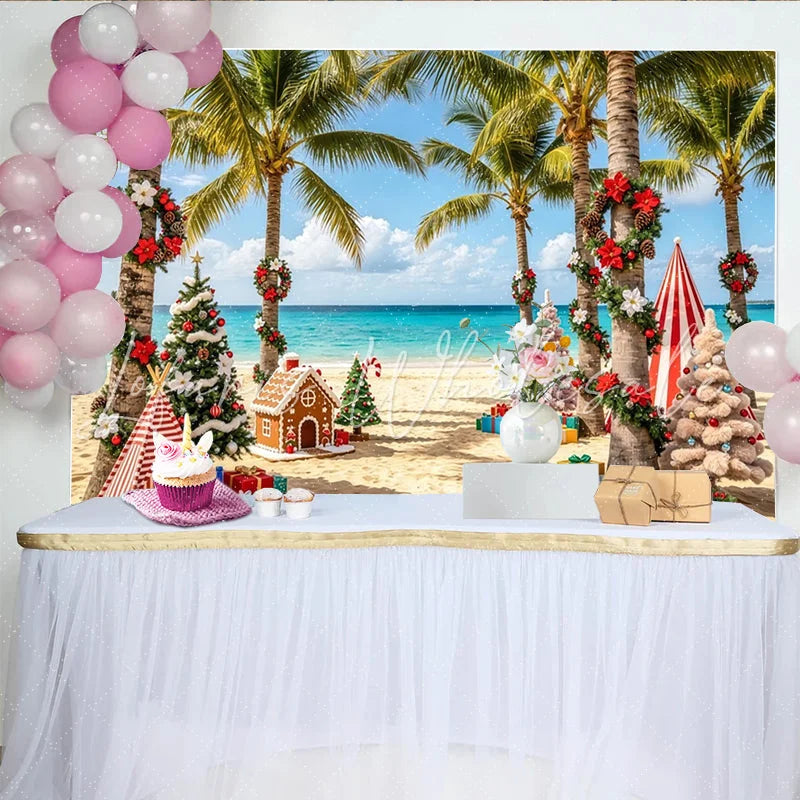 Lofaris Tropical Christmas Beach Backdrop with Palm Trees and Gifts Festive Holiday Background for Winter Vacation Party Decor