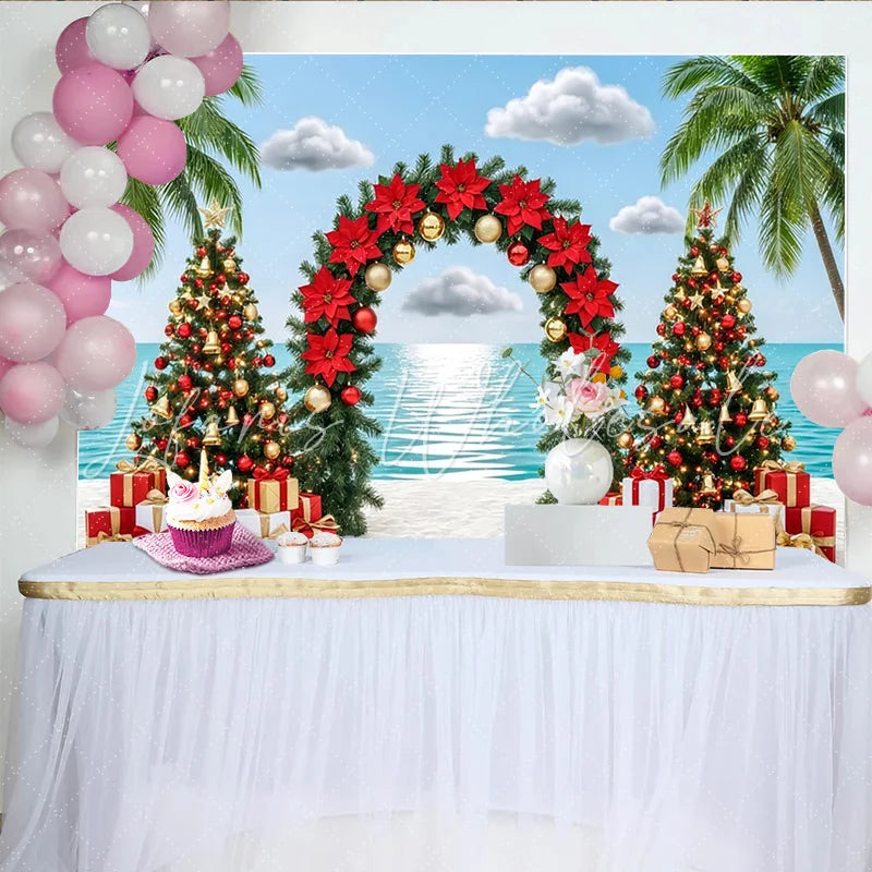 Lofaris Tropical Christmas Beach Backdrop with Palm Trees and Poinsettias Festive Holiday Background for Winter Vacation Party Decor