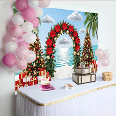 Lofaris Tropical Christmas Beach Backdrop with Palm Trees and Poinsettias Festive Holiday Background for Winter Vacation Party Decor