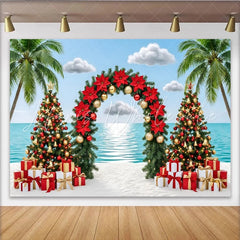 Lofaris Tropical Christmas Beach Backdrop with Palm Trees and Poinsettias Festive Holiday Background for Winter Vacation Party Decor