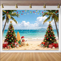Lofaris Tropical Christmas Beach Backdrop with Palm Trees and Sand Snowman Vibrant Ocean Holiday Background for Festive Photoshoot