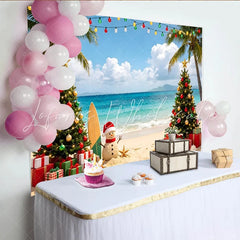Lofaris Tropical Christmas Beach Backdrop with Palm Trees and Sand Snowman Vibrant Ocean Holiday Background for Festive Photoshoot